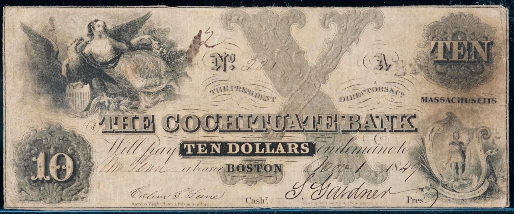 USA Oboslotete Banknote; Cochituate Bank (Boston) 1849 $10 - Large Grey ...