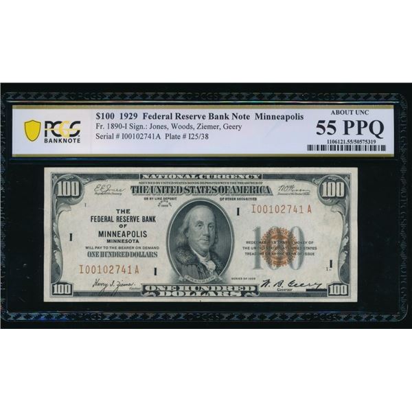 1929 $100 Minneapolis FRBN PCGS 55
