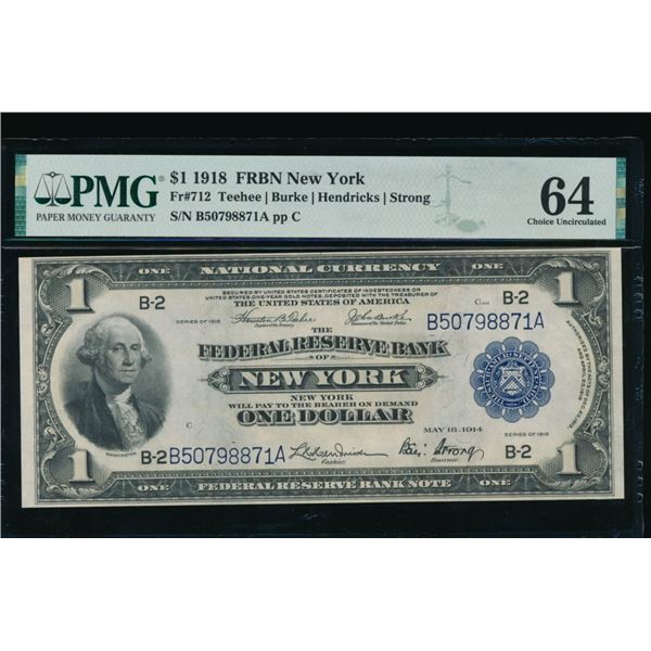 1918 $1 New York FRBN PMG 64