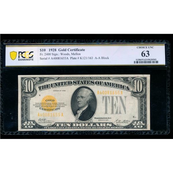 1928 $10 Gold Certificate PCGS 63