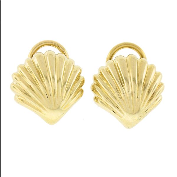 Craig Drake 18K Yellow Gold Polished Grooved Sea Shell Clip On Earrings