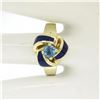 Image 2 : Vintage 14K Yellow Gold FINE Aquamarine & Blue Enamel Trinity Knot Cocktail Ring