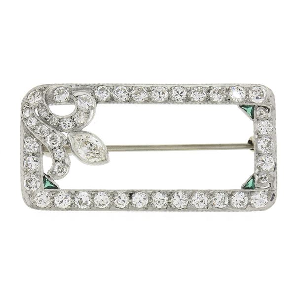 Antique Art Deco Platinum Old Cut Diamond w/ Emeralds Open Geometric Brooch Pin
