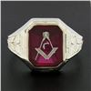 Image 2 : Antique 10K White Gold Bezel Set Red Stone w/ Detailed Sides Masonic Band Ring