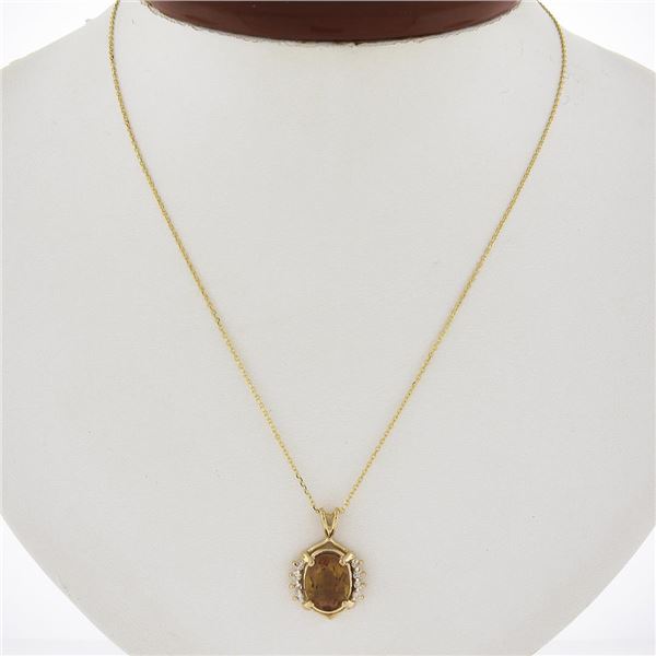 Estate 14K Yellow Gold Oval Citrine & 0.10 ctw Diamond Pendant & Adjustable Chai