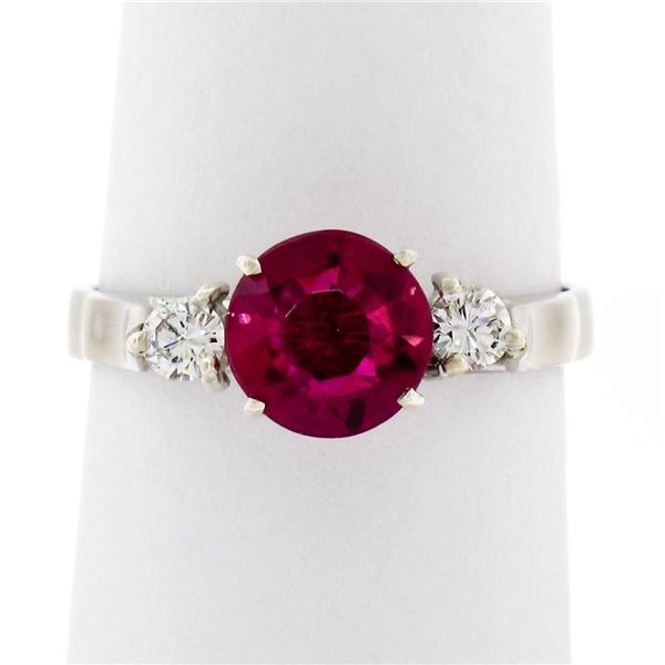 Vintage 18K White Gold Old Cut Red Stone Solitaire & 0.22 ctw Diamond 3 Stone Ri