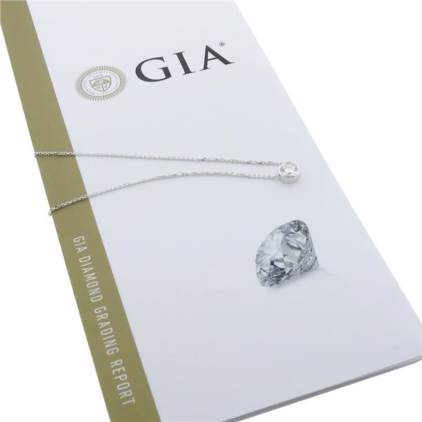 NEW 14k White Gold.84 ctw GIA Round Diamond Solitaire Pendant & Adjustable Chain