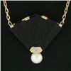 Image 5 : 14k Yellow Gold Fan Shape Carved Black Onyx Diamond Pearl Pendant On Cable Chain
