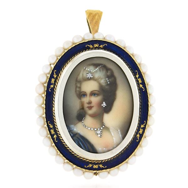 Vintage 18k Gold Oval Painted Portrait Diamond Enamel Pearl Frame Brooch Pendant
