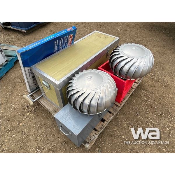 SOLAR PANEL, WHIRLY GIGS & CHEST OF GARDEN TOOLS