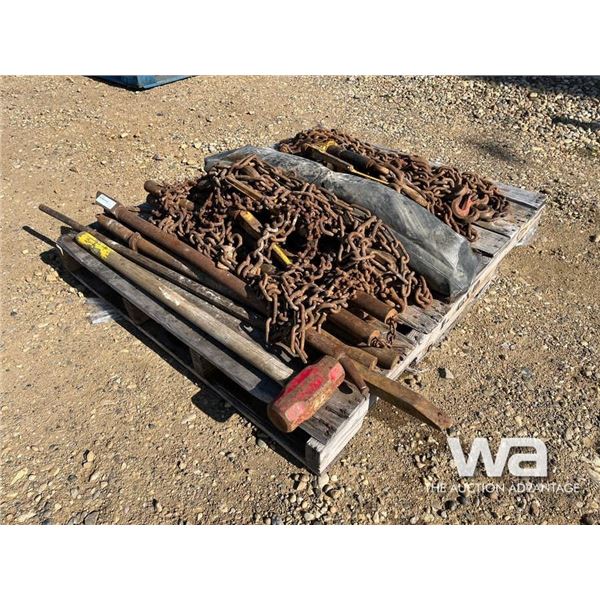 PALLET OF RIGGING, CHAINS, BOOMERS, CROWBAR