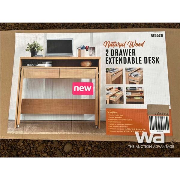 (UNUSED) NATURAL WOOD 2 DRAWER EXTENDABLE DESK