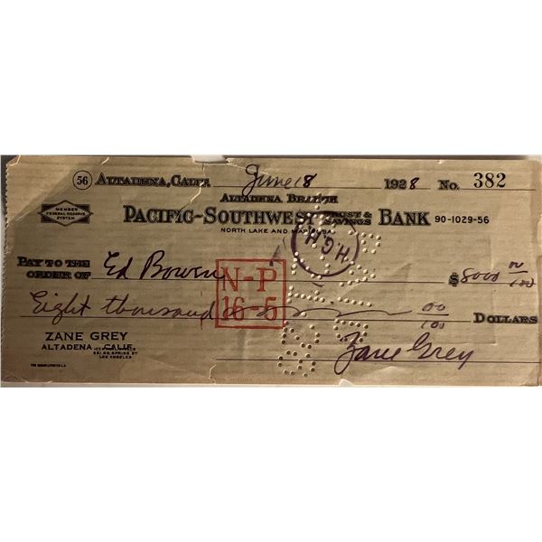 Zane Grey signed check dated 1928