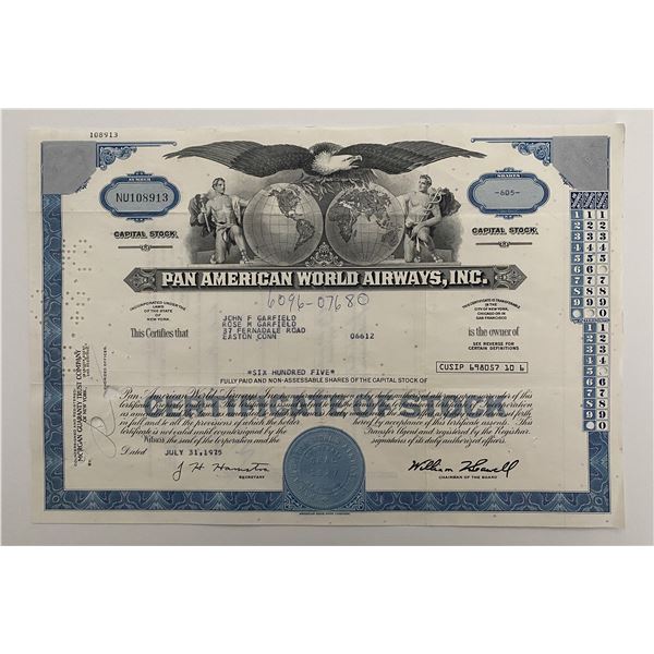 Pan American World Airways, INC Six Hundred Five Shares Certificate of Stock