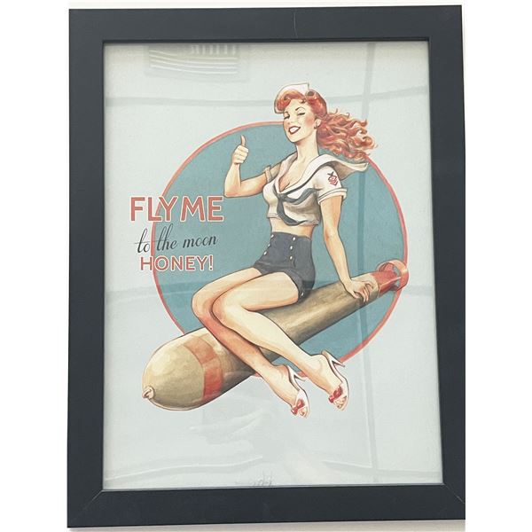 Fly Me to the Moon, Honey! Vintage Framed Wartime Pin Up Bombshell  Art Print