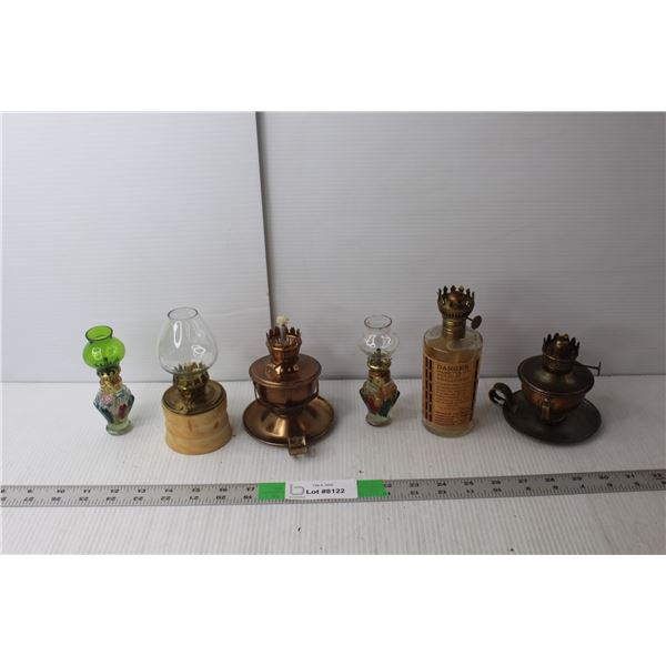(6) Vintage Oil Lamps, Three Shades Up to 6" Tall, One with Oil