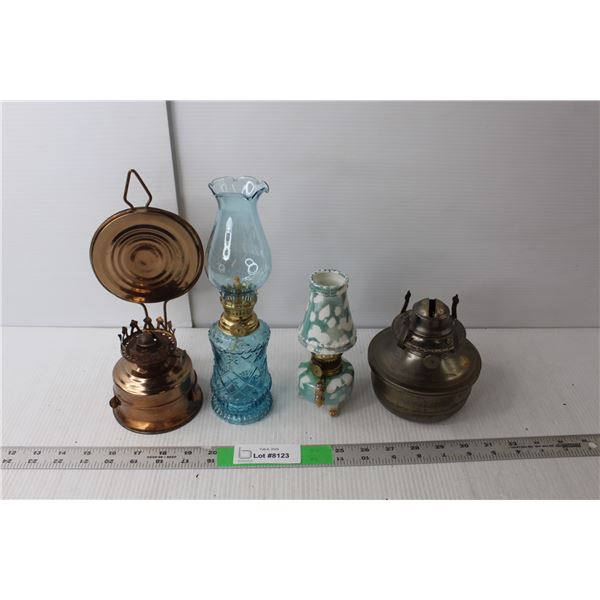 (4) Oil Lamps- Metal, Glass, Ceramic- Up to 10" Tall