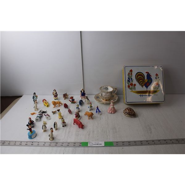 Rooster Tin, 2nd Anniversary Tea Cup & Plate, Ceramic & Plastic Animal & People Miniature Figurines