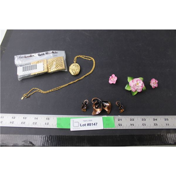 Gold Colored Belt Buckle, Locket Necklace, (2) Broach & Clip on Earring Sets