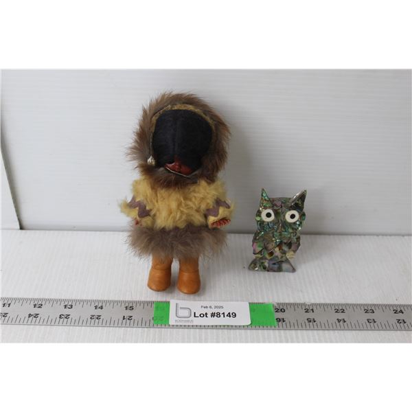 Glass Owl Figurine & Aboriginal Doll 7" Doll
