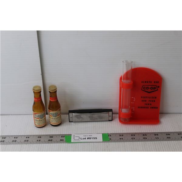 Swan Harmonica, Budweiser Glass Salt & Pepper Shakers, Co-op Rain Gauge