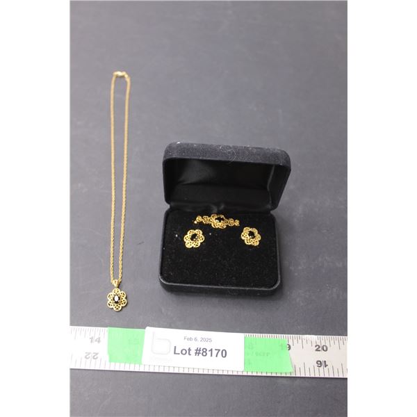 Gold Colored Jewelry Set- Necklace, Earrings & Broach