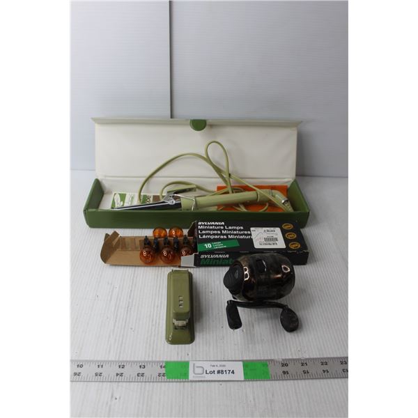 Vintage Lot- Sylvania 3057 Bulbs, Cameo Travel Iron- Powers On, Proton Fishing Reel, Stapler
