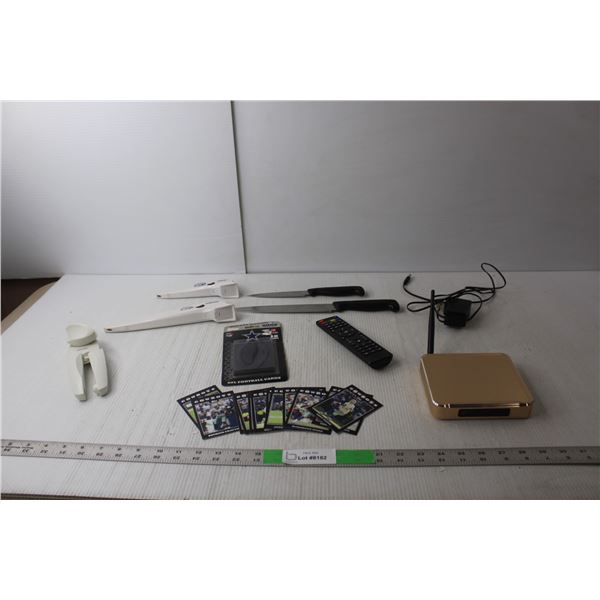 (12) Topps Dallas Cowboys 2008 Cards, (2) Wiltshire Knives with Covers, Computer Router, Misc.