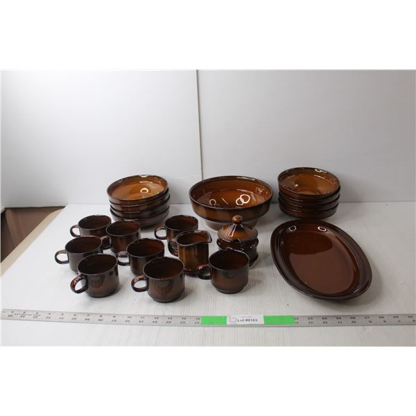 Goebel West German Brown Ceramic Dishware Set- (8) Bowls, Serving Bowl, Tray, (8) Mugs, Creamer, Sug