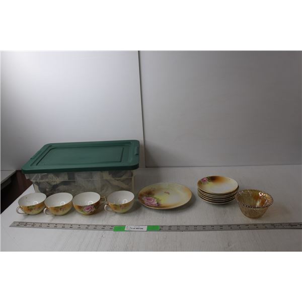 Noritake Japan Ceramic Dish Set- (4) Tea Cups, (6) Bread Plates, Dessert Plate, Glass Sugar Bowl, Ru