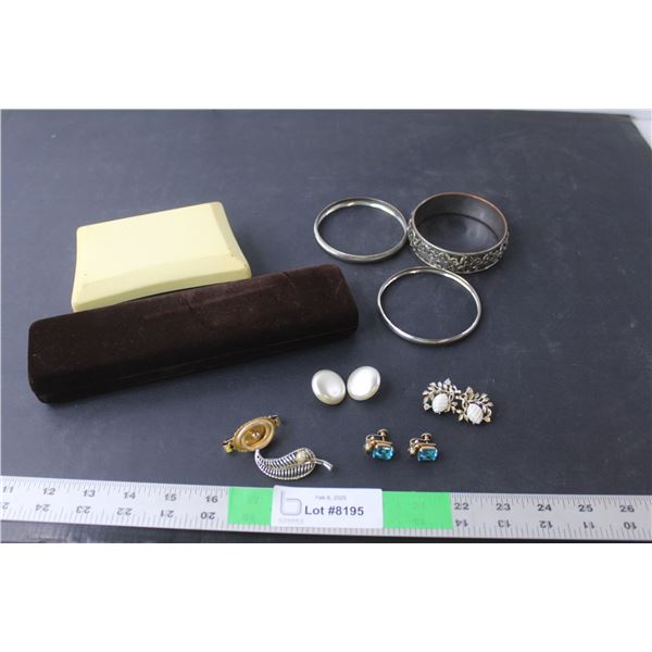 (3) Bangle Bracelets, (3) Pairs of Clip on Earrings, Broach and Pin, (2) Display Boxes