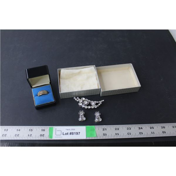 Gold Colored Ring- Size 8, Brooch and Clip on Earrings Set with Boxes