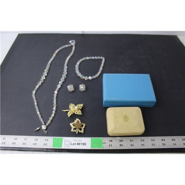 (2) Gold Colored Brooches, Necklace, Bracelet and Clip on Earrings Set- As Is and Boxes
