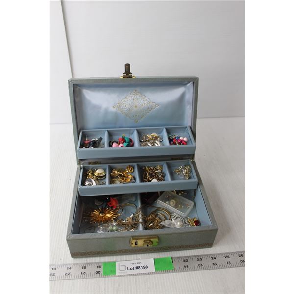 Jewelry Box 10" Long x 3.25" Tall with Jewelry- Earrings, Brooches, Necklaces, Misc.