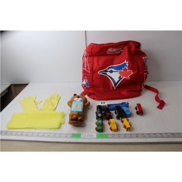 Yellow Dress Gloves with Scarf, Budweiser Blue Jays Cooler Backpack, Bucky Beaver Soap & Holder, Mag