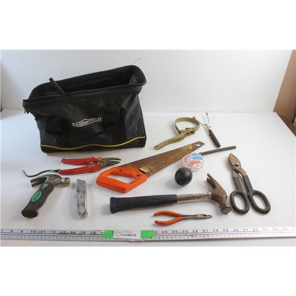 Mastercraft Tool Bag, Hammers, Pruning Shears, Handsaw, Box Cutter and Misc. Tools