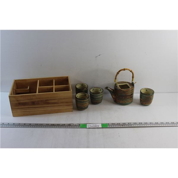 Ceramic Tea Pot - Missing Lid and (4) Tea Cups Set and Wooden Crate