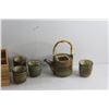 Image 2 : Ceramic Tea Pot - Missing Lid and (4) Tea Cups Set and Wooden Crate