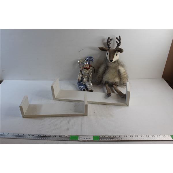 (2) Wooden Shelves, Plush Dear and Clown Toy