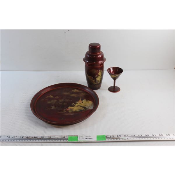 Japanese Pattern Serving Platter, Cocktail Shaker, and Glass