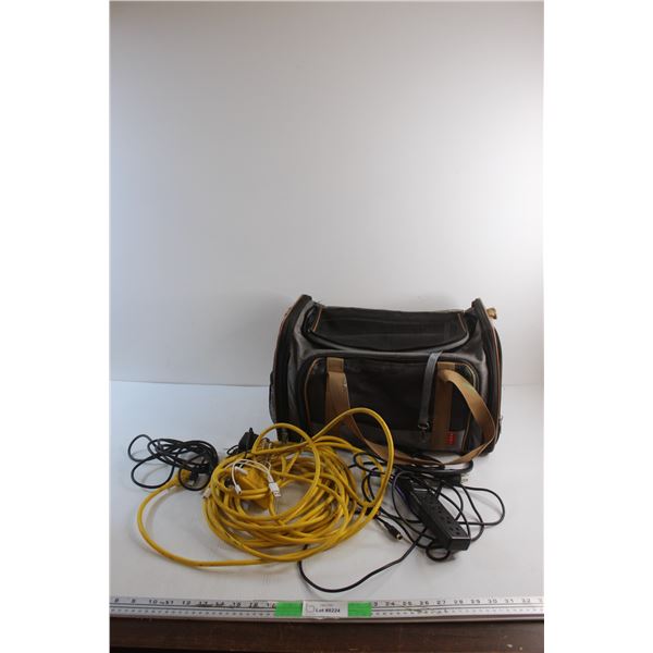 Pet Tote Bag, Cord Extension Cords, 4 Outlet Power Strip, Assorted Cords and Misc.