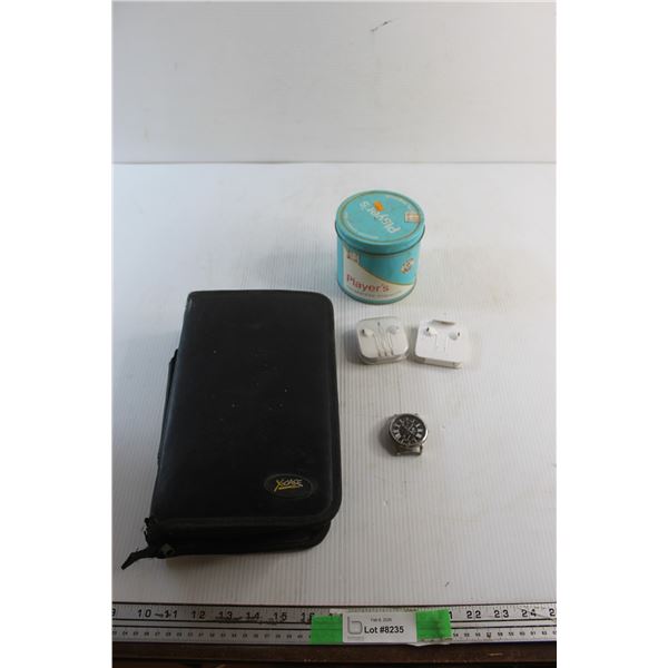 CD Case, Assorted CDs, Vintage Tobacco Tin, (2) Apple Air Buds - Authenticity Not Guaranteed and Rob