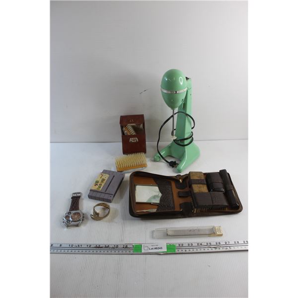 Vintage Barber Kit, Vintage Hamilton Beach Mixer - As Is, Brushes, Brass Bracelet, Watch Bracelet, N