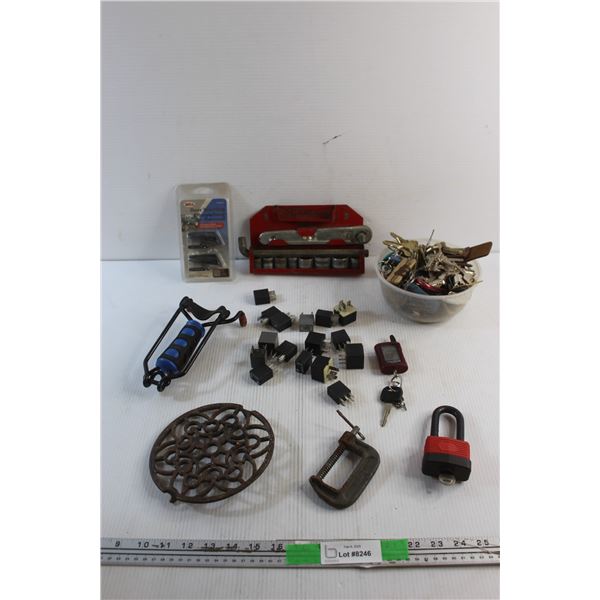 Ratchet Wrench & Sockets, Keys, Slingshot, Lock, C Clamp, Subaru Car Keys and Misc.