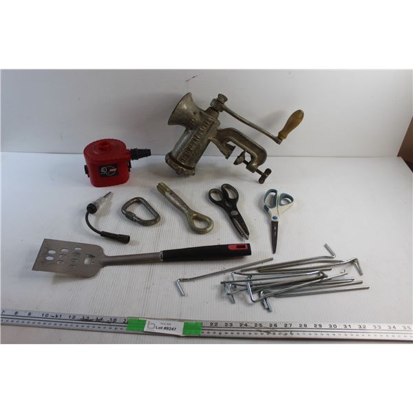 Coleman QuickPump - Tested, Scissors, Vintage Manual Meat Grinder, Spatula, Carabiner and Misc.