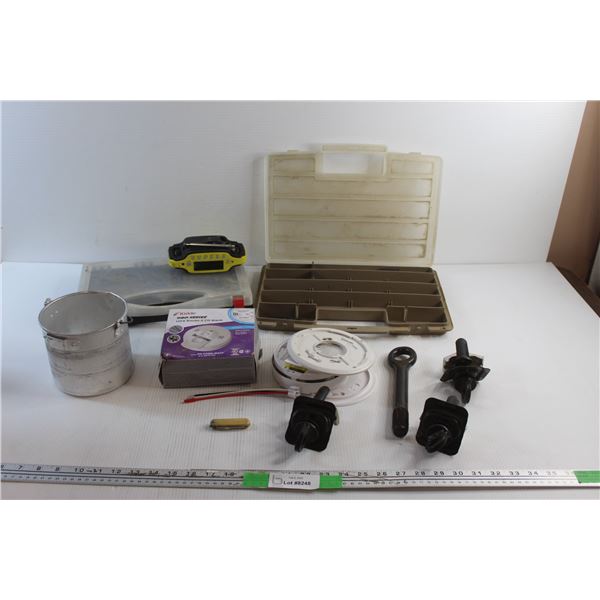 Smoke Alarm, Portable Solar Radio, (2) Hardware Organizer Cases, Small Bucket, Multi Tool and Misc.