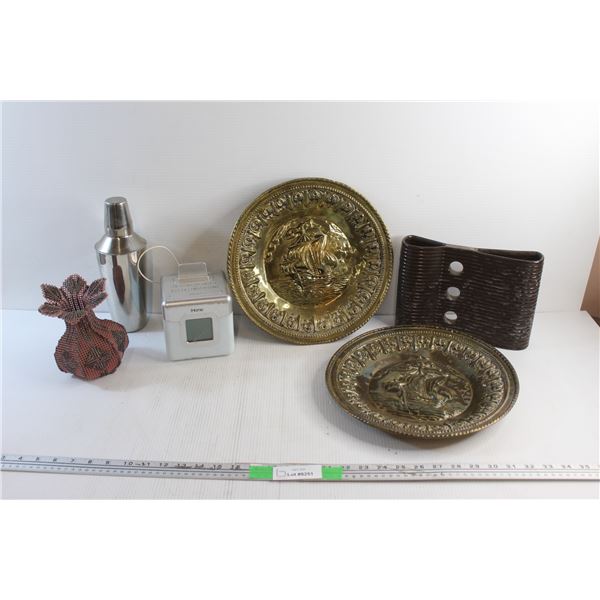 (2) Brass Wall Hanging Decor, iHome Cube Alarm, (2) Vases and Cocktail Shaker
