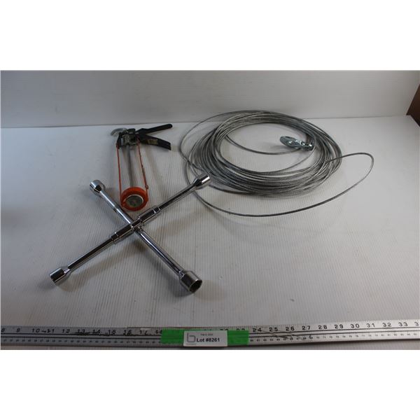 Cable, Caulking Gun and Cross Lug Wrench