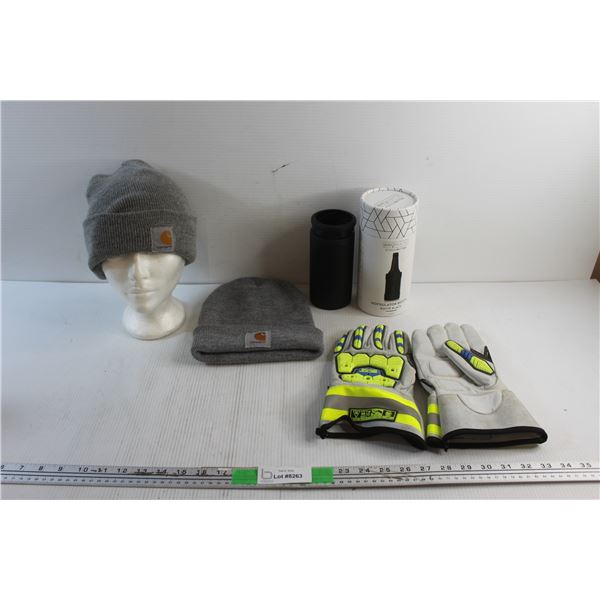 (2) Carhartt Winter Toques, Hopsulator Bott'l and Bob Dale Work Gloves