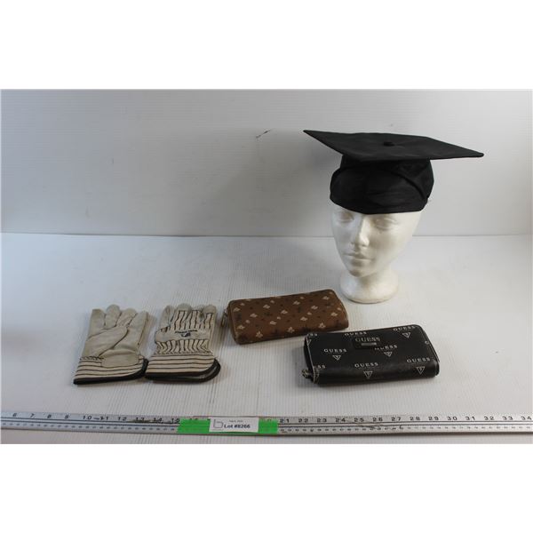 Graduation Hat, Work Gloves and (2) Clutch Bags